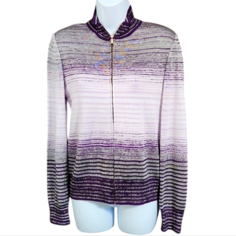 St John Purple Striped Zip Front Cardigan